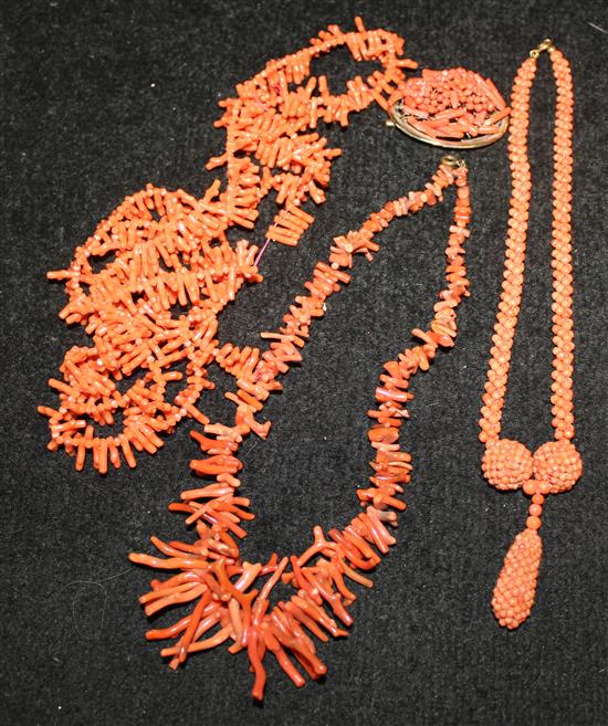 Coral necklace, brooch & 2 other similar necklaces